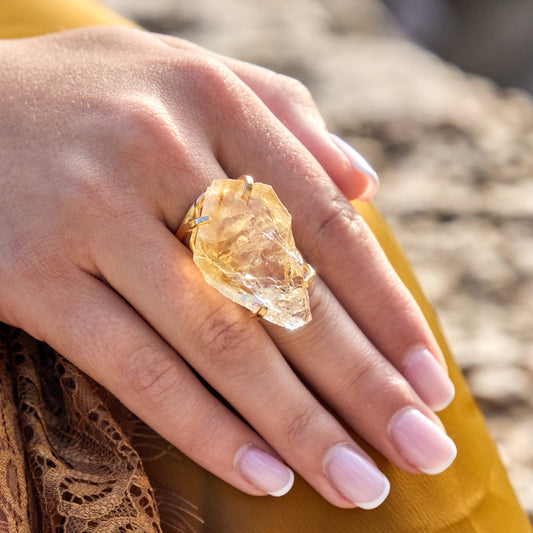Large raw citrine gem ring