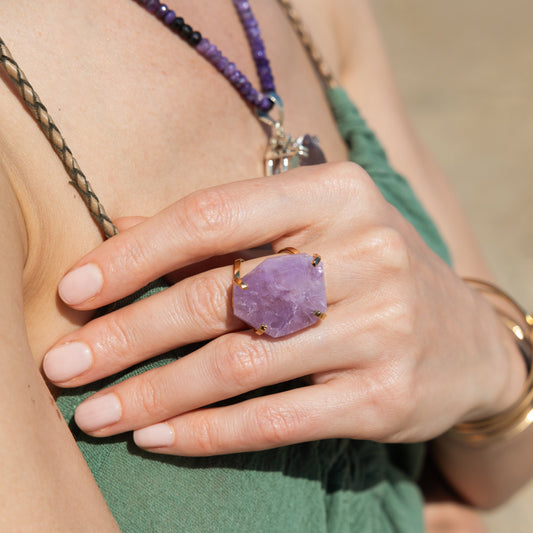 Freeform faceted purple amethyst crystal ring