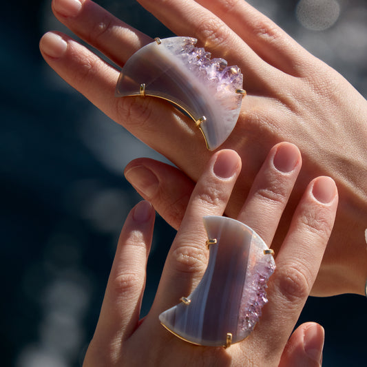 Oversized amethyst slice crystal moon ring
