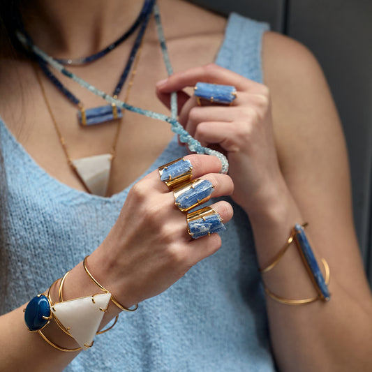 Raw blue kyanite crystal cuff ring
