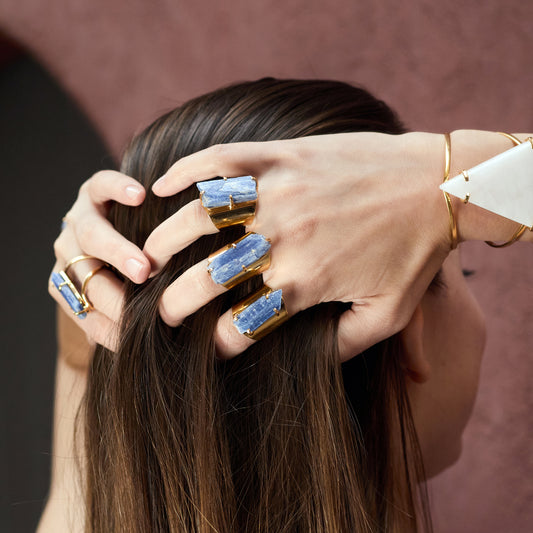 Raw blue kyanite crystal cuff ring