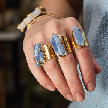 Raw blue kyanite crystal statement cuff ring