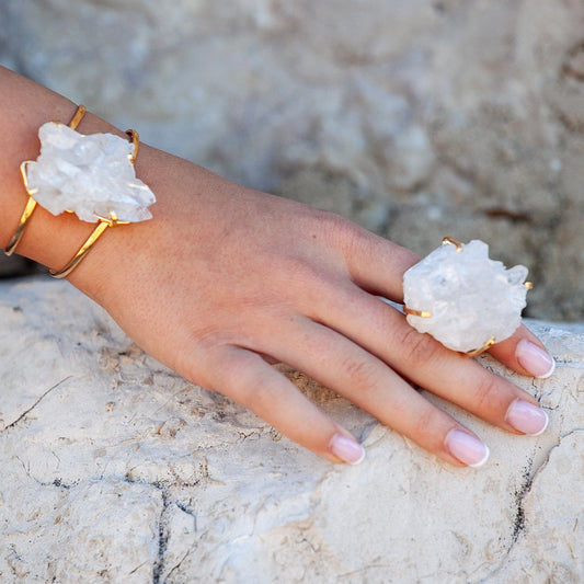 Oversized crystal quartz cluster statement ring