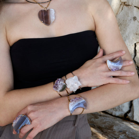 Oversized amethyst crystal slice crescent moon cuff bracelet